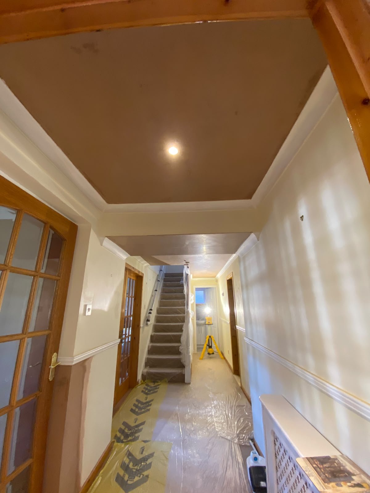 Hallway ceiling skimmed and coving finished